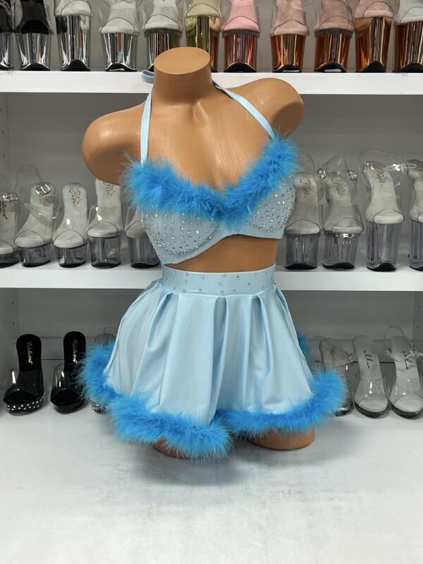 Baby Blue Fuzzy Bra and Skirt with Rhinestones - Image 3