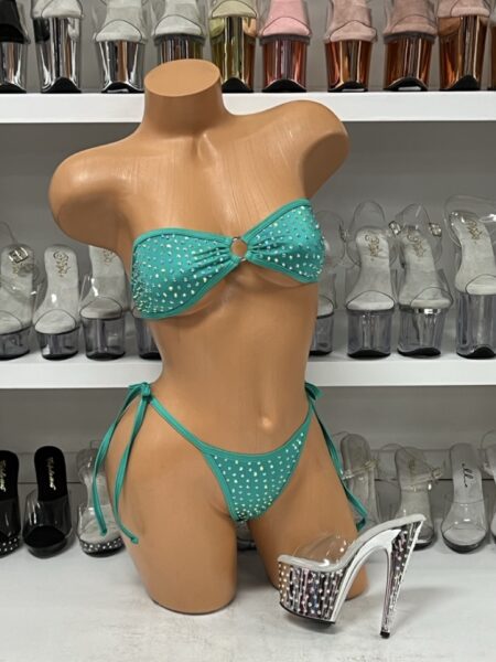 Mint Tube Top O-Ring and Tie Side Bottoms with Rhinestones