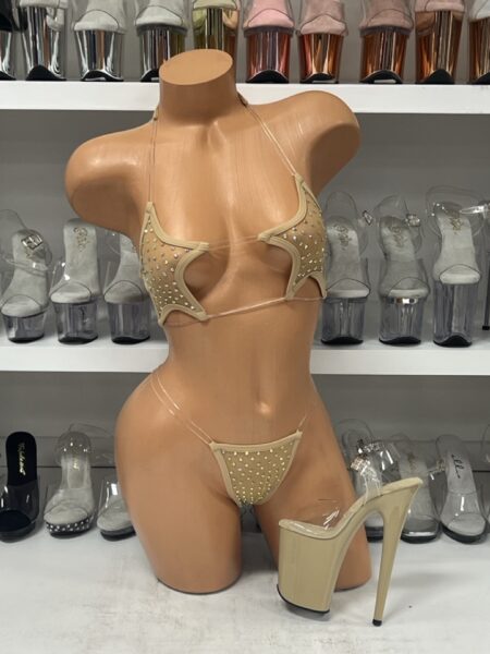Nude Mesh Fishline Star Top Bikini Set with Rhinestones