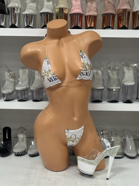 White and Gold Inspired Mini Bikini Set with Rhinestones