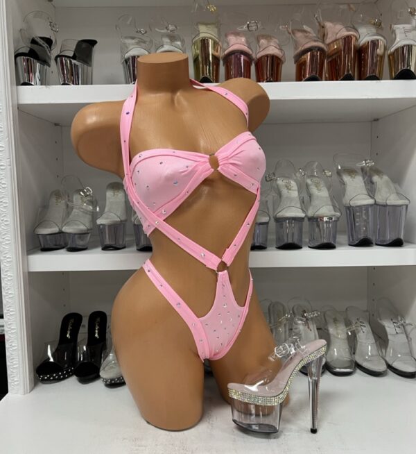 Baby Pink Bandeau Top and Harness Bottoms with Rhinestones