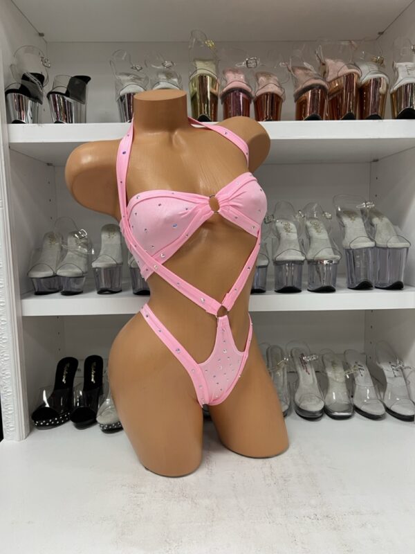 Baby Pink Bandeau Top and Harness Bottoms with Rhinestones - Image 3