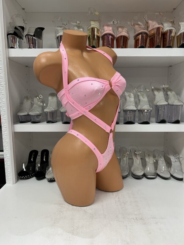 Baby Pink Bandeau Top and Harness Bottoms with Rhinestones - Image 4