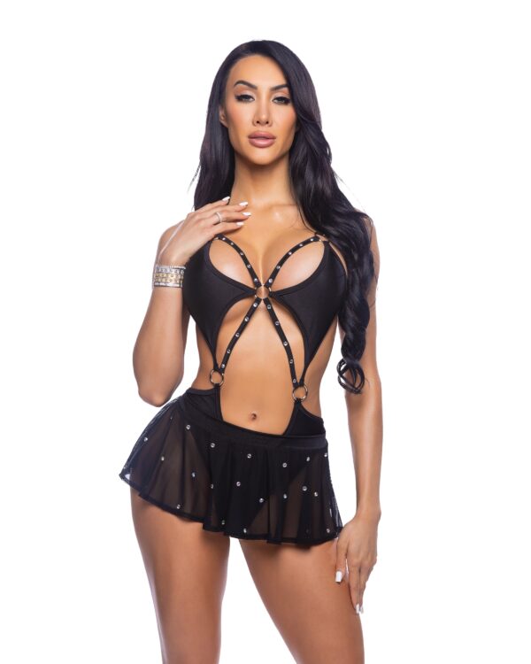 Bedazzled Mesh Mini Skirt with Rhinestone Detail Black