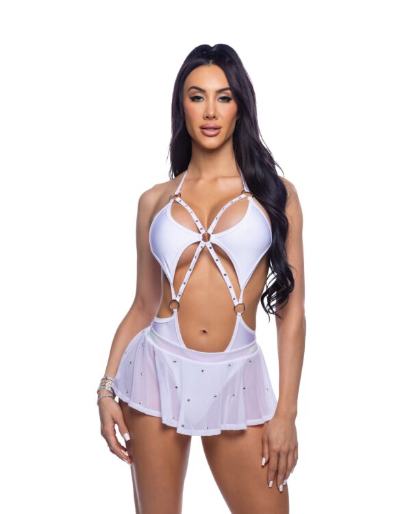 Bedazzled Mesh Mini Skirt with Rhinestone Detail White