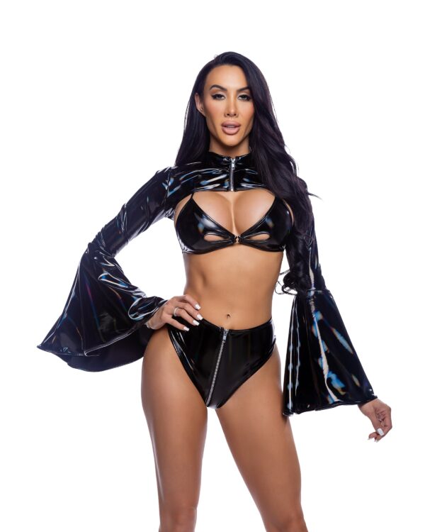 2PC High-Waisted Vinyl Short Set Black - Image 2