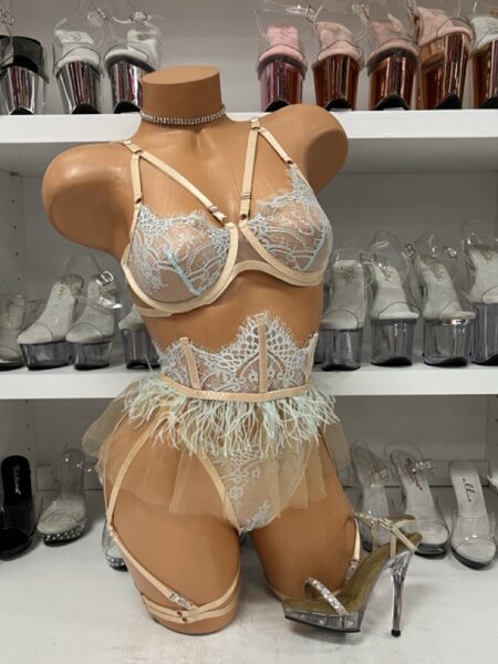 Nude and Light Blue Lace and Mesh 3 Piece Set with Feathers
