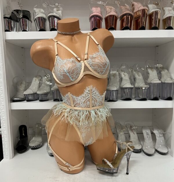 Nude and Light Blue Lace and Mesh 3 Piece Set with Feathers
