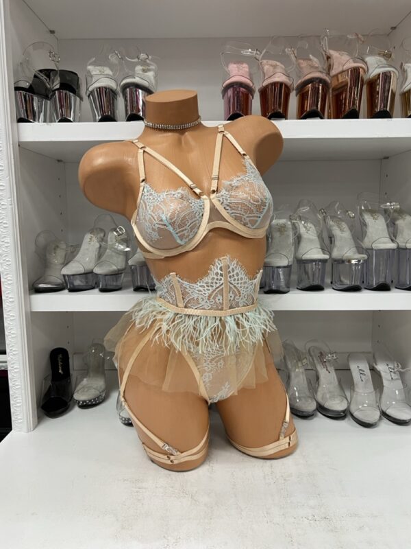 Nude and Light Blue Lace and Mesh 3 Piece Set with Feathers - Image 3