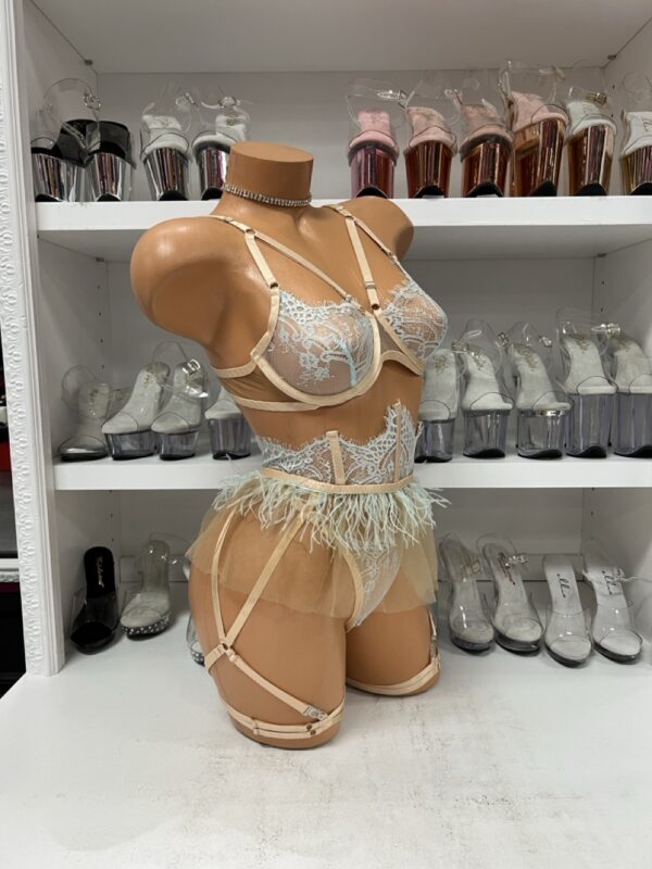 Nude and Light Blue Lace and Mesh 3 Piece Set with Feathers - Image 4