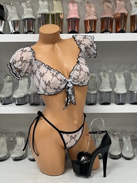 White and Black Mesh Tie Front Ruffle Crop Top with Panties and Bow Prints
