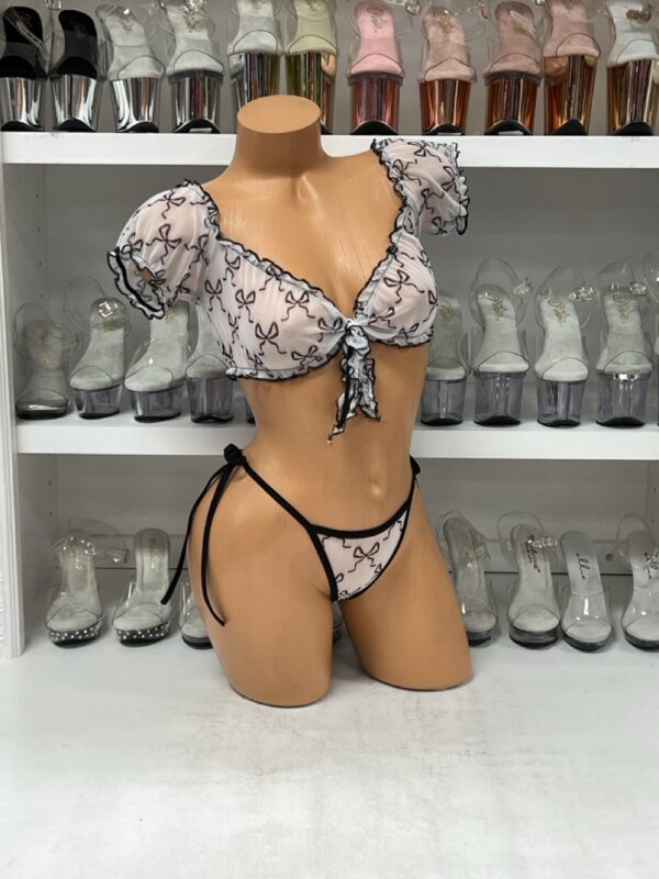White and Black Mesh Tie Front Ruffle Crop Top with Panties and Bow Prints - Image 3