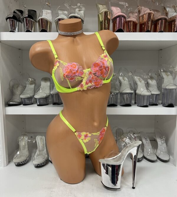 Neon Yellow Floral Mesh 2 Piece Lingerie Set
