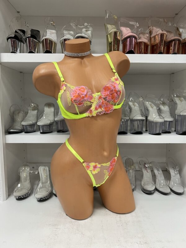 Neon Yellow Floral Mesh 2 Piece Lingerie Set - Image 3
