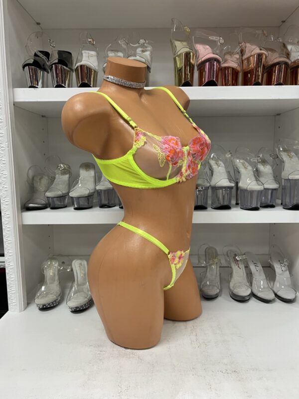 Neon Yellow Floral Mesh 2 Piece Lingerie Set - Image 4