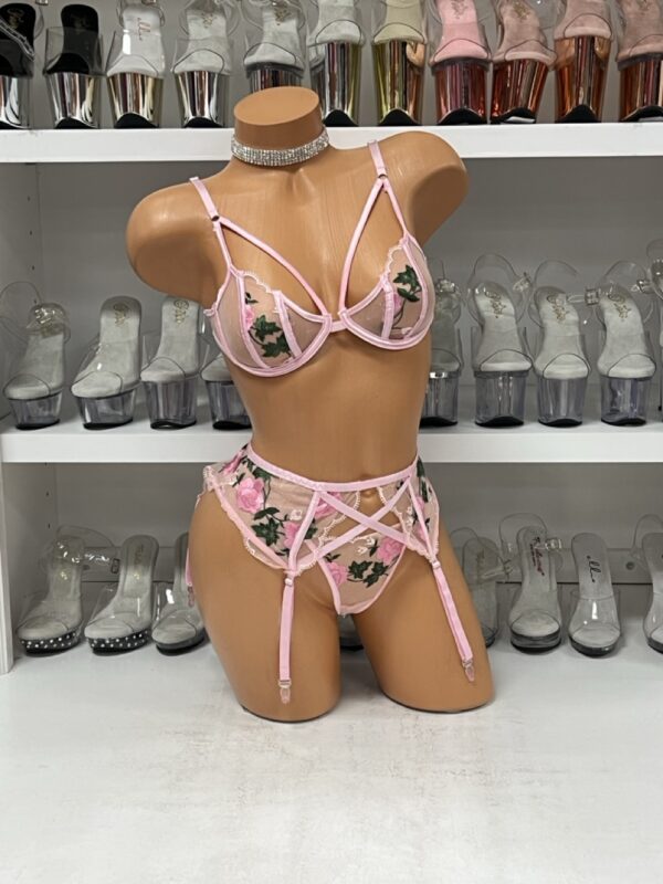 Baby Pink Floral Three Piece Garter Set - Image 3