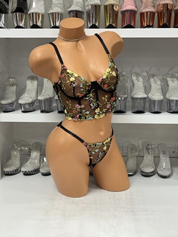 Black Mesh Floral Two-Piece Corset Set - Image 3