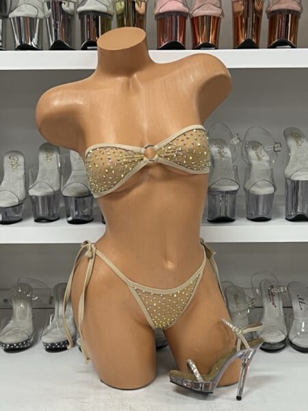 Nude Mesh Tear Drop Two Piece Set with Rhinestones