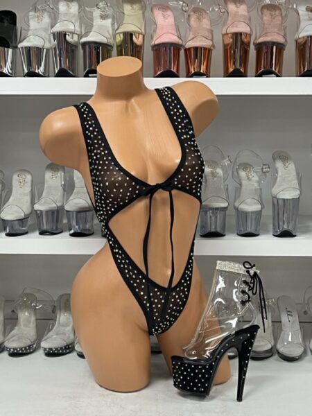 Black Mesh Angel Tie Front One Piece with Rhinestones