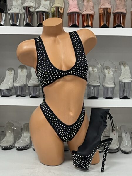 Black Mia One Piece with a Open Stomach and Rhinestones