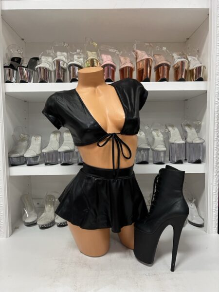 Black Faux Leather Tie Front Top & Skirt Set – Two-Piece Clubwear for Dancers — Pleasure Zone Houston