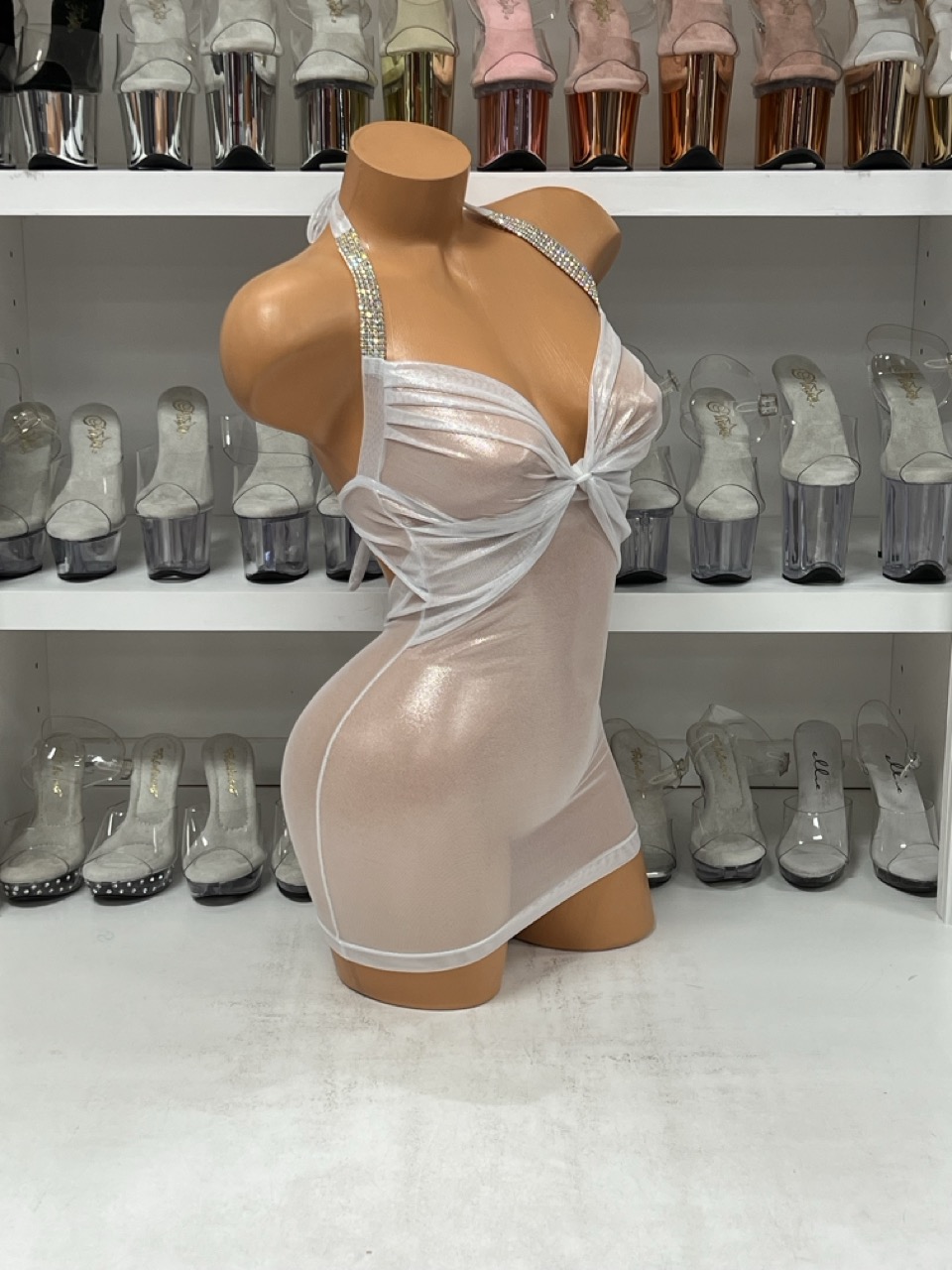 Silver Sheer Mesh Halter Mini Dress with Rhinestone Straps – Sexy  See-Through Clubwear