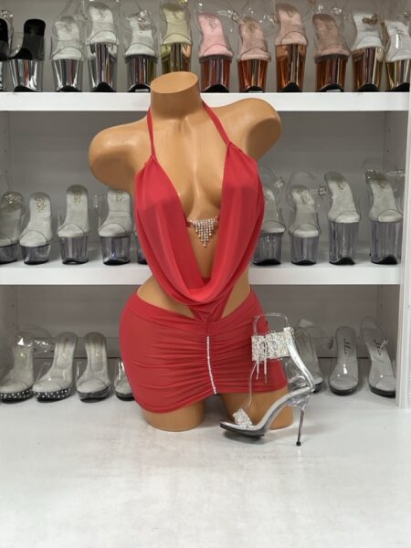 Red Mesh Halter Dress with Rhinestone Accents