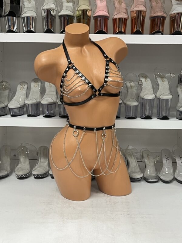 Black Faux Leather & Chain Lingerie Set – Strappy Bra and Skirt Harness - Image 5