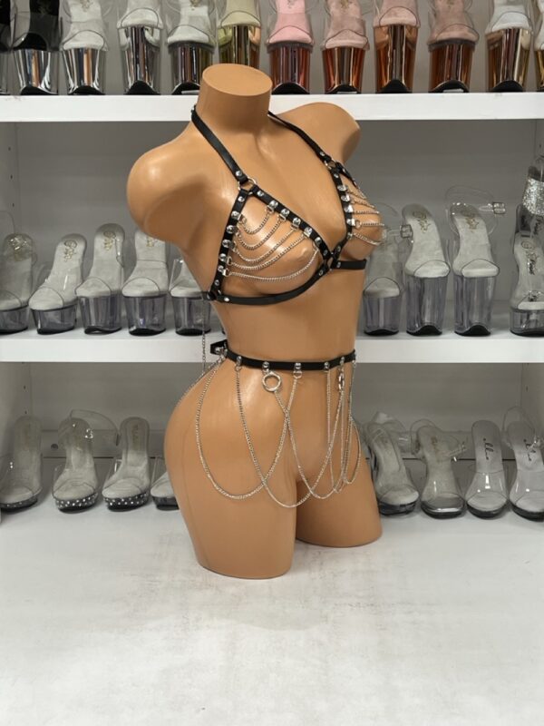 Black Faux Leather & Chain Lingerie Set – Strappy Bra and Skirt Harness - Image 4