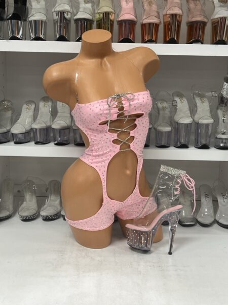 Pink Rhinestone Lace-Up Cutout Romper – Strapless One-Piece Stagewear — Pleasure Zone Houston