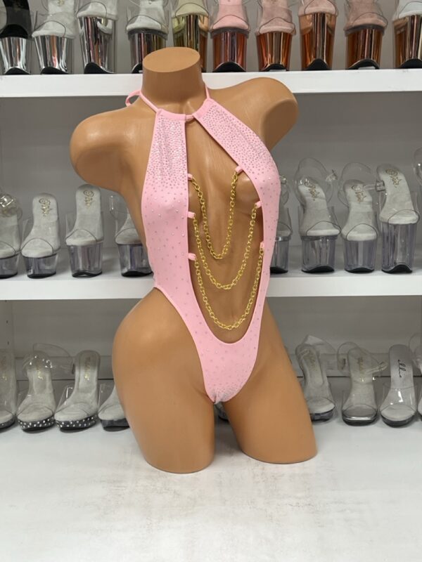 Pink Rhinestone Halter Bodysuit with Gold Chain Detail – Sexy One-Piece Clubwear - Image 5