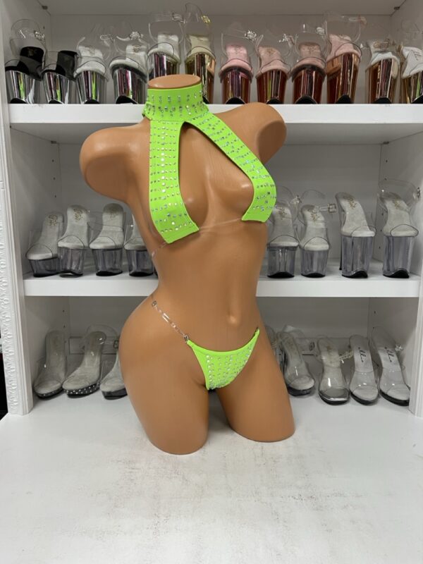 Neon Green Rhinestone Choker Lingerie Set – 2-Piece Micro Bikini with Clear Straps - Image 4