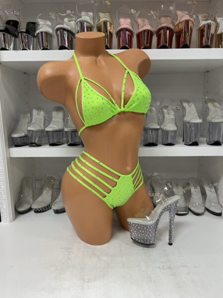 Neon Green Rhinestone Bikini Lingerie Set – Strappy 2-Piece for Dancers