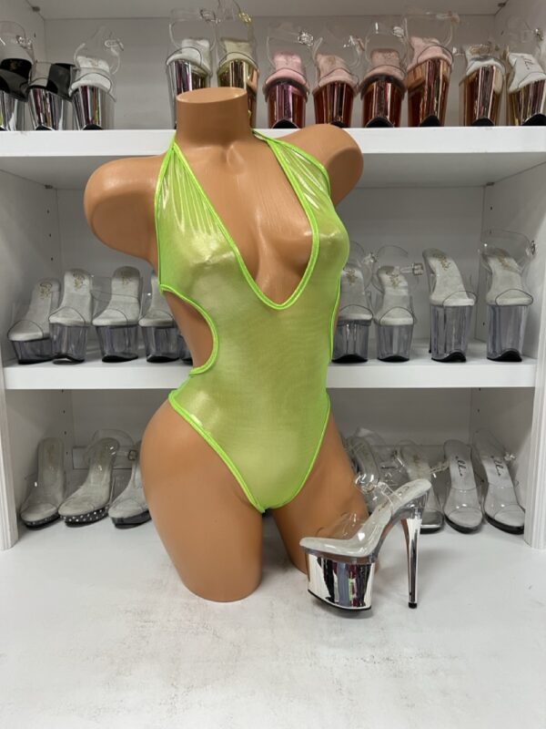 Lime Mesh Plunge Bodysuit – High-Cut Halter One-Piece