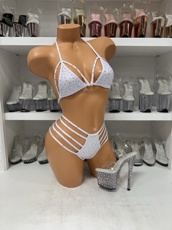 White Rhinestone Bikini Lingerie Set – Strappy 2-Piece Sparkle Clubwear
