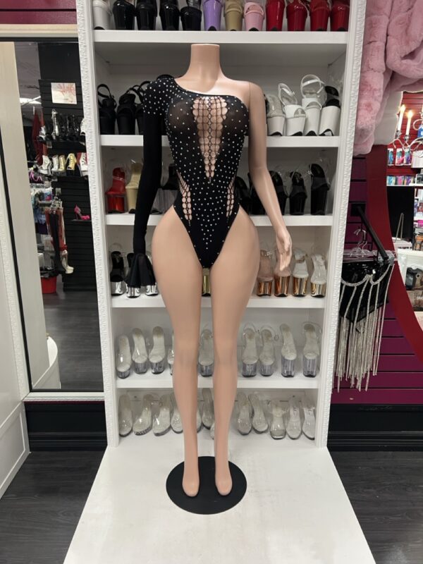 Black One-Sleeve Rhinestone Fishnet Bodysuit – Asymmetrical Cutout Rave Look