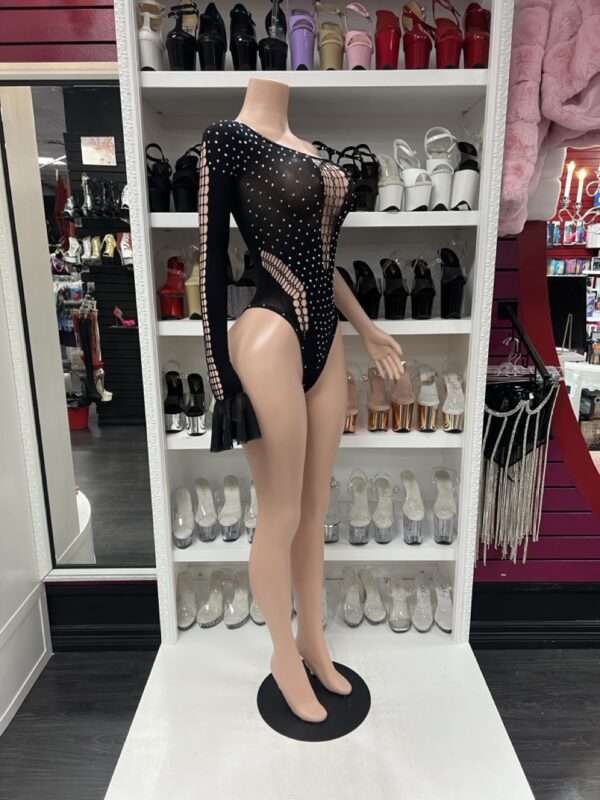 Black One-Sleeve Rhinestone Fishnet Bodysuit – Asymmetrical Cutout Rave Look - Image 3