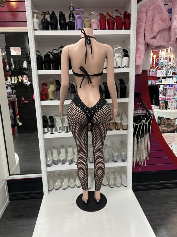 Black Fishnet Rhinestone Halter Bodysuit with Leggings - Image 3