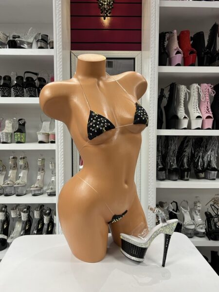 Black gold letter bikini with sheer fabric and micro thong