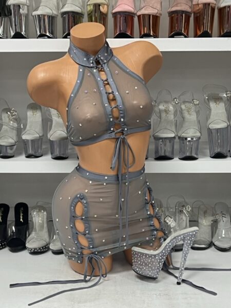 Grey Mesh Halter Top and Skirt Set with a Lace Front