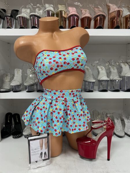 Turquoise Cherry Lace Up Bustier Top and Skirt