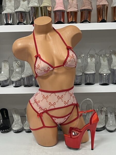 Light Pink and Red 3 Piece Garter Set with Bows