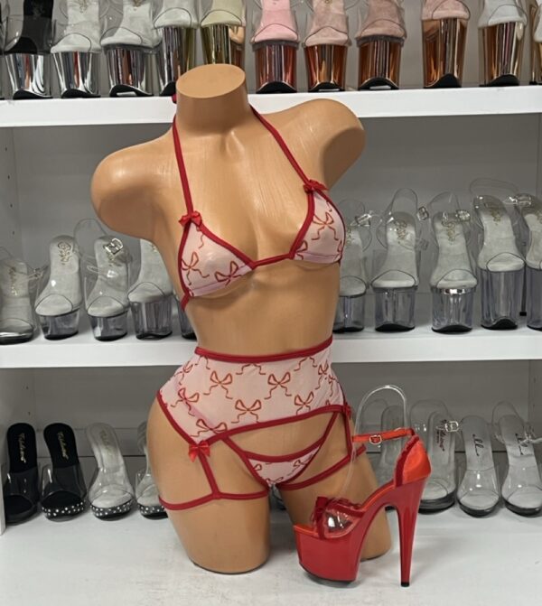 Light Pink and Red 3 Piece Garter Set with Bows