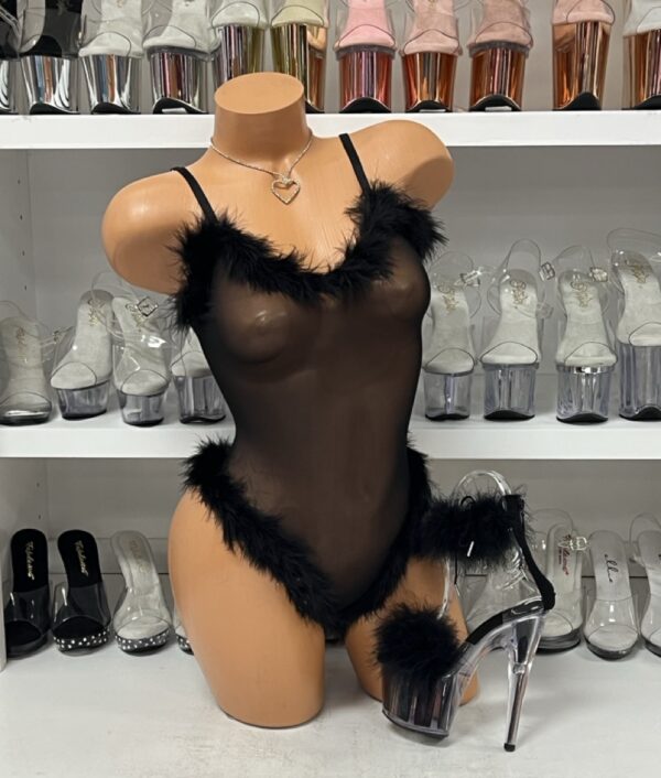 Black Mesh Bodysuit with Faux Fur Trim – Sheer Halter One-Piece Clubwear