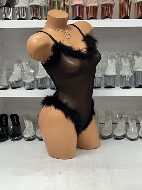 Black Mesh Bodysuit with Faux Fur Trim – Sheer Halter One-Piece Clubwear - Image 4