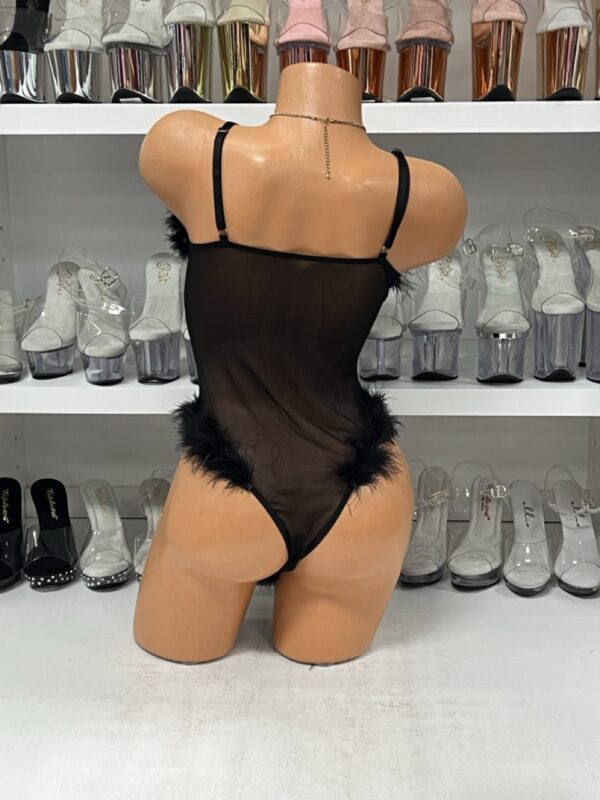 Black Mesh Bodysuit with Faux Fur Trim – Sheer Halter One-Piece Clubwear - Image 5