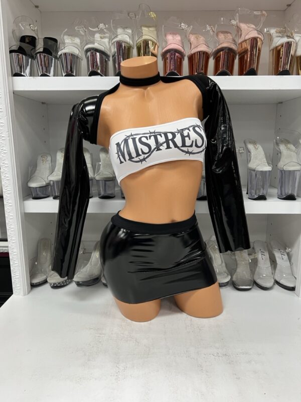 Mistress Vinyl Crop Set with Mini Skirt – Dominatrix-Inspired Clubwear Outfit - Image 5