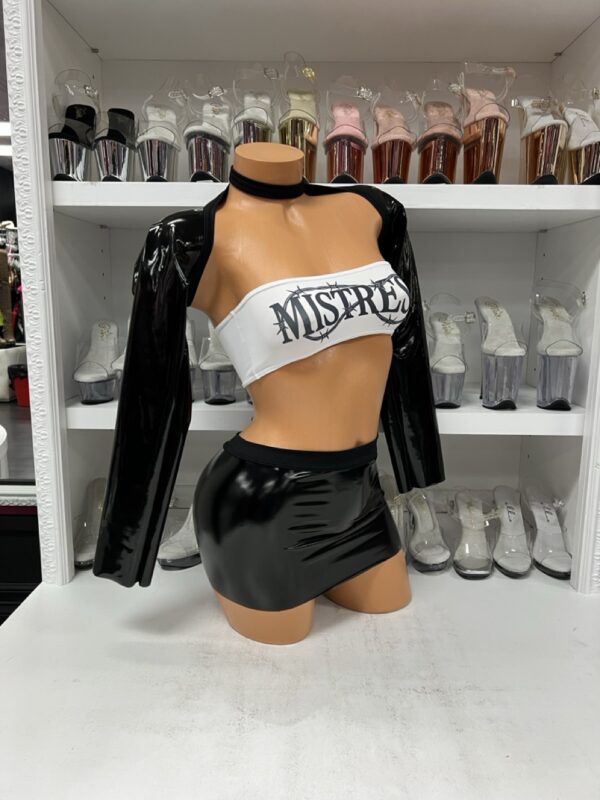 Mistress Vinyl Crop Set with Mini Skirt – Dominatrix-Inspired Clubwear Outfit - Image 4