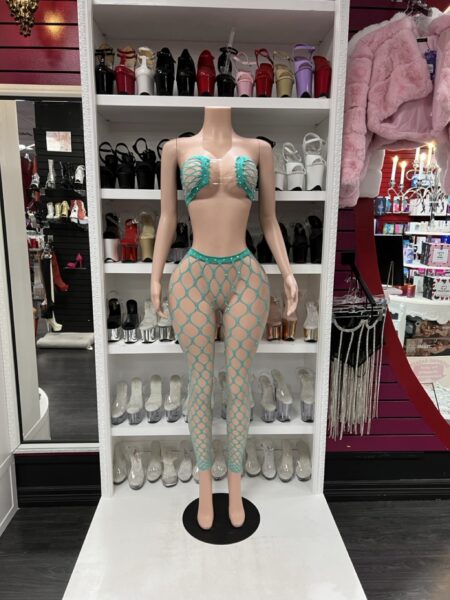 Green Fishnet Two-Piece Set with Clear Strap Top