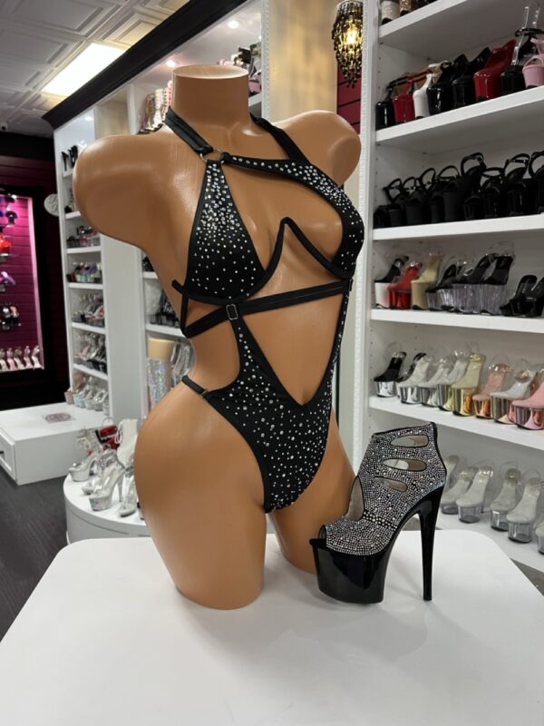 Black rhinestone strappy bodysuit with cutout back details